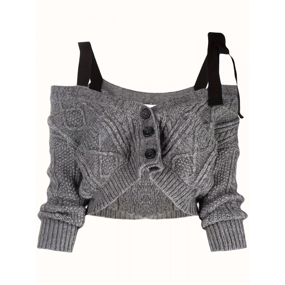 Women'S Chic Off-Shoulder Sweater - Sexy Cropped Top with Button Front, Fall Winter Outfits, Elegant Party Casual Attire - Women'S Fashion Sweater, Ladies Sweaters, Seasonal Wardrobe, Trendy Knitwear, Durable Construction, Buttonup Top, Adults, Casual Outfit, Soft Texture, Stylish Knitwear, Adults Fashion