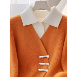 Women's Sweater with Collar - Elegant Fake Two-Piece design, Button-front placket, Machine Washable Sweater for Fall/Winter, Office Party Outfits - Warm Orange Sweater for Women