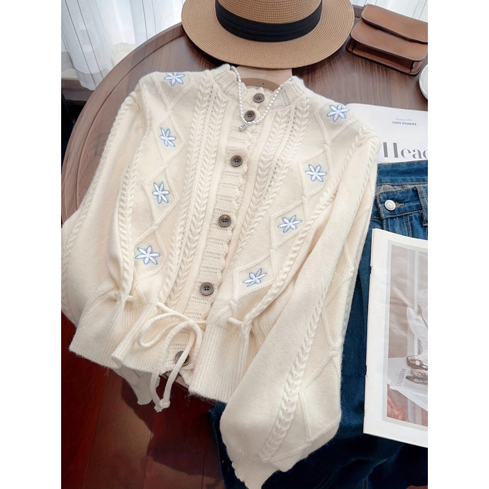 Women'S Elegant Beige Cardigan with Blue Floral Embroidery - Long Sleeve, Button-Up, Crew Neck, Lightweight & Breathable for Spring/Summer/Fall, Casual Wear, Spring Outerwear, Floral Embroidery Design, Soft Texture Fabric