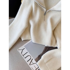 Women's Elegant Ribbed Zip-Up Sweater - Long Sleeve Stand Collar Short Length Slim Fit, Solid Color All-Season Versatile Layering Piece