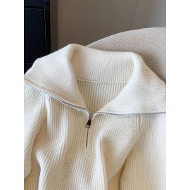 Women's Elegant Ribbed Zip-Up Sweater - Long Sleeve Stand Collar Short Length Slim Fit, Solid Color All-Season Versatile Layering Piece