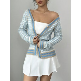 Women'S Elegant Color-Block V-Neck Cardigan with Button Front - Light Blue & White Cable Long Sleeve, Casual Chic Style for All Seasons, Allseason Cardigan | Vneck Cardigan | Cable Cardigan