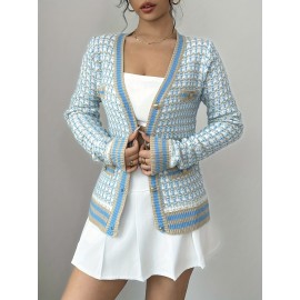 Women'S Elegant Color-Block V-Neck Cardigan with Button Front - Light Blue & White Cable Long Sleeve, Casual Chic Style for All Seasons, Allseason Cardigan | Vneck Cardigan | Cable Cardigan
