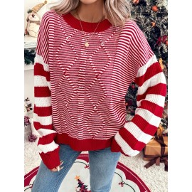 Women'S Red & White Striped Sweater - Long Sleeve Round Neck Pullover, All-Season Casual Elegant Sweater for Everyday & Formal Outfits