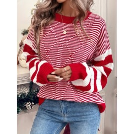 Women'S Red & White Striped Sweater - Long Sleeve Round Neck Pullover, All-Season Casual Elegant Sweater for Everyday & Formal Outfits