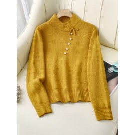 Women's Thick & Soft Sweater with Bow Buttons - Winter Warm Round Neck Long Sleeve Cozy Sweater, Beige & White Cable- Design, All-Season Casual Elegant Pullover for Fall and Winter Layering, Hand Wash or Dry Clean, Solid Color with Bow Detail, Medium Stretch, Relaxed Fit, Fleece Lining for Extra Warmth, Chic and Comfortable for Casual Attire, Cozy Sweaters For Women, Casual Long Sleeve Sweater, Oversized Knit Sweater, Colourfull Loose Sweater For Women,