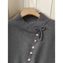 Women's Thick & Soft Sweater with Bow Buttons - Winter Warm Round Neck Long Sleeve Cozy Sweater, Beige & White Cable- Design, All-Season Casual Elegant Pullover for Fall and Winter Layering, Hand Wash or Dry Clean, Solid Color with Bow Detail, Medium Stretch, Relaxed Fit, Fleece Lining for Extra Warmth, Chic and Comfortable for Casual Attire, Cozy Sweaters For Women, Casual Long Sleeve Sweater, Oversized Knit Sweater, Colourfull Loose Sweater For Women,