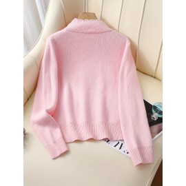 Women's Thick & Soft Sweater with Bow Buttons - Winter Warm Round Neck Long Sleeve Cozy Sweater, Beige & White Cable- Design, All-Season Casual Elegant Pullover for Fall and Winter Layering, Hand Wash or Dry Clean, Solid Color with Bow Detail, Medium Stretch, Relaxed Fit, Fleece Lining for Extra Warmth, Chic and Comfortable for Casual Attire, Cozy Sweaters For Women, Casual Long Sleeve Sweater, Oversized Knit Sweater, Colourfull Loose Sweater For Women,