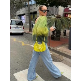 Women'S Elegant French-Inspired V-Neck Long Sleeve Cardigan - Gradient Green to Yellow, Open Front Design, Lightweight & Breathable for Spring/Fall, Perfect for Casual or Stylish Outfits, Spring Outerwear, Relaxed Fit, Soft Texture, Women Jumper And Sweater, Jumper Women Winter, Fall-autumn Clothe For Women, Pink Jumper, White Pink Fabric Strip, Off-shoulder Long Sleeve, Asymmetric Mustard Sweater, Winter For Women Outfit