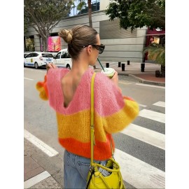 Women'S Elegant French-Inspired V-Neck Long Sleeve Cardigan - Gradient Green to Yellow, Open Front Design, Lightweight & Breathable for Spring/Fall, Perfect for Casual or Stylish Outfits, Spring Outerwear, Relaxed Fit, Soft Texture, Women Jumper And Sweater, Jumper Women Winter, Fall-autumn Clothe For Women, Pink Jumper, White Pink Fabric Strip, Off-shoulder Long Sleeve, Asymmetric Mustard Sweater, Winter For Women Outfit