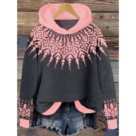 Women'S Elegant Hooded Sweatshirt - & Teal Color Block Pullover with Snowflake Pattern, Cozy Winter Sweater for Everyday & Formal Outfits