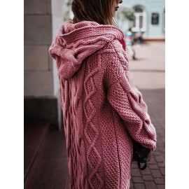 Women'S Light Pink Ribbed Cardigan - Long Sleeve Hooded Open Front Sweater with V-Neck, Casual Fall/Winter Layering Essential for Cozy Indoor or Outdoor Wear, Cozy Fall Apparel | Vneck Design | Soft Texture
