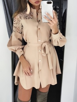 Long-sleeved lace dress with buttoned waist tie