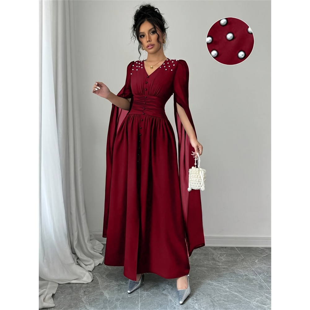 Women'S Elegant V-Neck Maxi Dress with Pearl Accents - Long Formal Party Wedding Guest Dress, Flattering Fit for Summer Events, Formal Events, Parties, Wedding Guest Attire, Vneck Design, Flowy Fabric