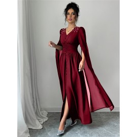 Women'S Elegant V-Neck Maxi Dress with Pearl Accents - Long Formal Party Wedding Guest Dress, Flattering Fit for Summer Events, Formal Events, Parties, Wedding Guest Attire, Vneck Design, Flowy Fabric