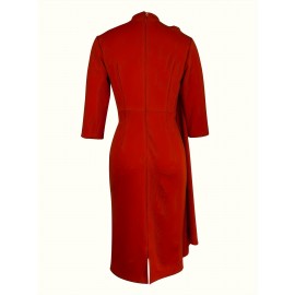 Solid Color Pleated Asymmetrical Dress, Elegant 3/4 Sleeve Bodycon Dress For Office & Work, Women's Clothing