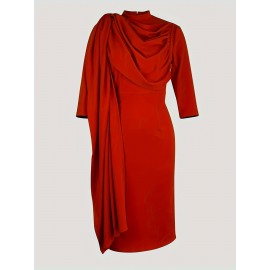 Solid Color Pleated Asymmetrical Dress, Elegant 3/4 Sleeve Bodycon Dress For Office & Work, Women's Clothing