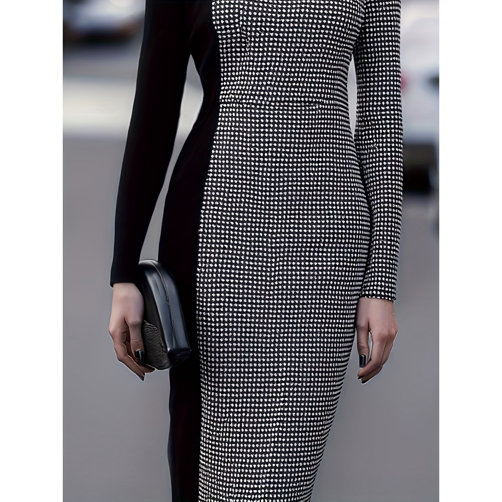 Women'S Elegant Long Sleeve Dress - & Checkered Pattern, Zipper Closure, Formal & Everyday Chic Outfit, Machine Washable Non-Stretch Fabric for Women, All-Season Versatile Party Wedding Office Dress, Dresses for Wedding Guest