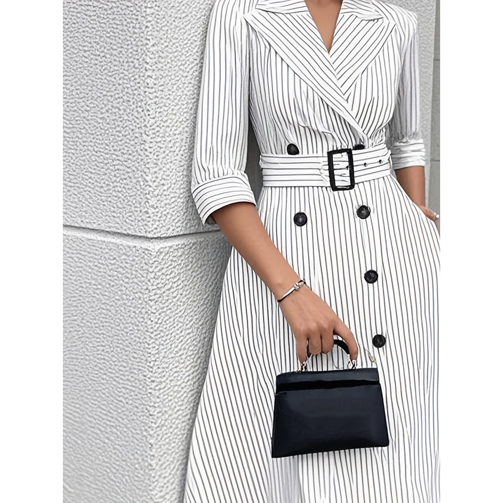 [Elegant Office to Party Dress] Women's Elegant Office to Party Dress - White & Black Vertical stripes, Structured Formal attire with Belted Waist, All-Season Professional & Evening Outfits for Women, Business Casual, Classic Collar, Polished Finish, Stylish Blouse, Working Women, Commute Attire, Work Attire, Stylish Outfit, Attire