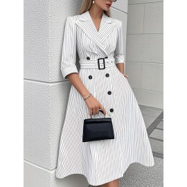 [Elegant Office to Party Dress] Women's Elegant Office to Party Dress - White & Black Vertical stripes, Structured Formal attire with Belted Waist, All-Season Professional & Evening Outfits for Women, Business Casual, Classic Collar, Polished Finish, Stylish Blouse, Working Women, Commute Attire, Work Attire, Stylish Outfit, Attire