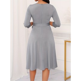 Elegant Slim Fit Solid Color Midi Dress with Waist Tie and Button Front - Chic Flared Silhouette, Long Sleeves, and Belted Waistband for a Sophisticated Look, A-Neck Style, Perfect for All Seasons, Stylish Women'S Dress, Perfect for Parties and Events