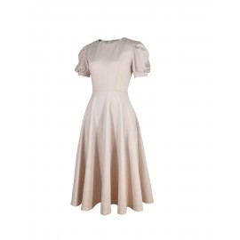 Crew Neck Big Swing With Pocket Essential Dress, Elegant Puff Sleeve Dress For Spring & Summer, Women's Clothing