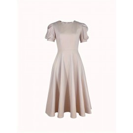 Crew Neck Big Swing With Pocket Essential Dress, Elegant Puff Sleeve Dress For Spring & Summer, Women's Clothing
