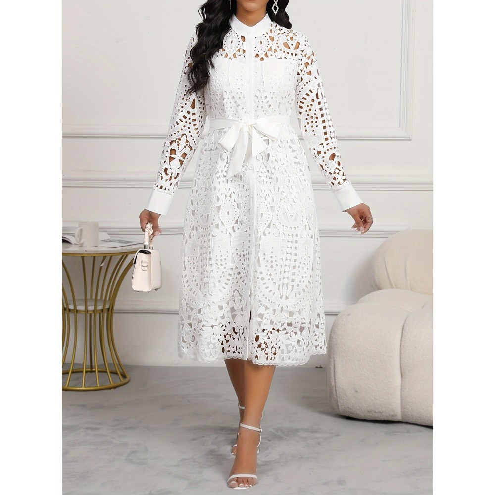 Spring/Autumn Women's Dress, Elegant Cut-Out Waist, Wedding/Date, Stand Collar White Lace Midi Dress WJ252