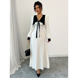 Women's Elegant Long Formal/Party/Office Dress - Flared A-Line Silhouette, Structured Non-Stretchy Fabric for Fall/Winter Events - Classic Women's Evening Gown, Elegant Evening Dresses, Formal Event Attire, Notched Collar Design, Decorative Bow Accent, Semitransparent Material