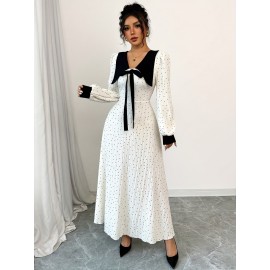 Women's Elegant Long Formal/Party/Office Dress - Flared A-Line Silhouette, Structured Non-Stretchy Fabric for Fall/Winter Events - Classic Women's Evening Gown, Elegant Evening Dresses, Formal Event Attire, Notched Collar Design, Decorative Bow Accent, Semitransparent Material