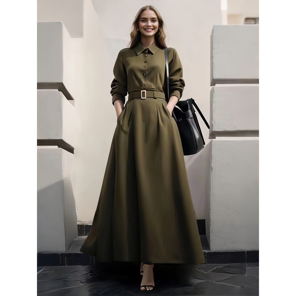 Elegant Slimming Waist-Cinching A-Line Dress with Button Detail - Polyester, Machine Washable - Perfect for All Seasons