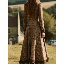 Women'S Vintage V-Neck Dress - Elegant Brown & Checkered Long Formal & Everyday Dress with Waist-Cinching Belt, Non-Stretch Fabric, Flared Hem for Office, Party, Wedding Outfits - Fall/Winter/Summer Dresses, Cute Dress
