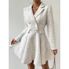[Houndstooth Suit Dress] Women's Houndstooth Suit Dress | Double-Breasted A-Line Jacket & Dress | Structured Fit Short-Medium Length | Weddings, Business, Office | Black/White/Beige Trench Coat Style (Machine Washable)