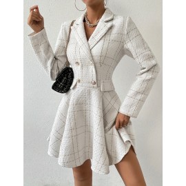 [Houndstooth Suit Dress] Women's Houndstooth Suit Dress | Double-Breasted A-Line Jacket & Dress | Structured Fit Short-Medium Length | Weddings, Business, Office | Black/White/Beige Trench Coat Style (Machine Washable)