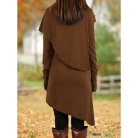 Women'S Fashion Long Sleeve High Neck Asymmetrical Tunic Dress, Solid Color, Polyester, Casual Style, Pencil Skirt, All-Season, Knit Fabric, Adult Size