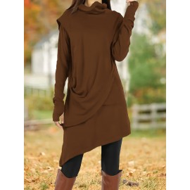 Women'S Fashion Long Sleeve High Neck Asymmetrical Tunic Dress, Solid Color, Polyester, Casual Style, Pencil Skirt, All-Season, Knit Fabric, Adult Size