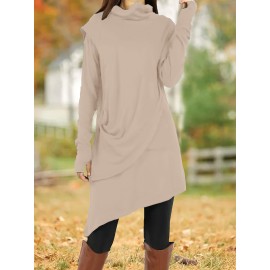 Women'S Fashion Long Sleeve High Neck Asymmetrical Tunic Dress, Solid Color, Polyester, Casual Style, Pencil Skirt, All-Season, Knit Fabric, Adult Size