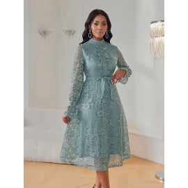 Women'S Elegant Mint Green Lace Dress with Belted Waist & Ruffled Hem - Long Sleeve A-Line Mid-Length Formal & Casual Dress for Weddings, Business