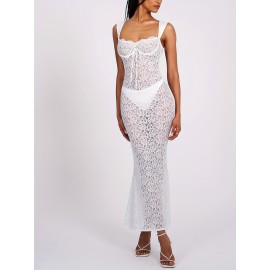 1pc Elegant Polyester Lace Sleeveless Maxi Dress for Women - Sexy Backless Bodycon Cami with Sweetheart Neckline, Solid Color, All-Season, Weave Knit Fabric