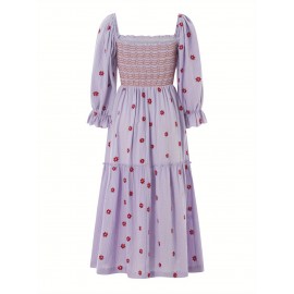 Women'S Floral Embroidered Maxi Dress with Puff Sleeves, Square Neck, Draped Tiered A-Line Skirt, 100% Polyester, Casual Summer Knit Fabric - Flowy Long Dress