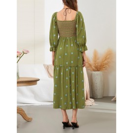 Women'S Floral Embroidered Maxi Dress with Puff Sleeves, Square Neck, Draped Tiered A-Line Skirt, 100% Polyester, Casual Summer Knit Fabric - Flowy Long Dress