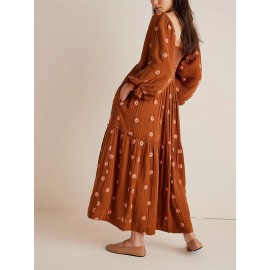 Women'S Floral Embroidered Maxi Dress with Puff Sleeves, Square Neck, Draped Tiered A-Line Skirt, 100% Polyester, Casual Summer Knit Fabric - Flowy Long Dress