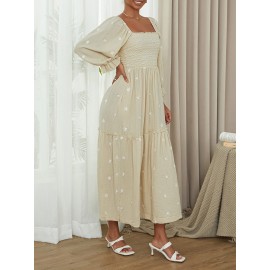 Women'S Floral Embroidered Maxi Dress with Puff Sleeves, Square Neck, Draped Tiered A-Line Skirt, 100% Polyester, Casual Summer Knit Fabric - Flowy Long Dress
