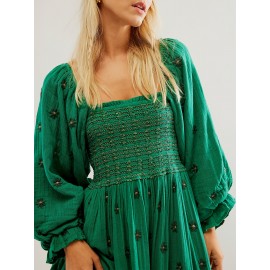 Women'S Floral Embroidered Maxi Dress with Puff Sleeves, Square Neck, Draped Tiered A-Line Skirt, 100% Polyester, Casual Summer Knit Fabric - Flowy Long Dress