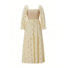 Women'S Floral Embroidered Maxi Dress with Puff Sleeves, Square Neck, Draped Tiered A-Line Skirt, 100% Polyester, Casual Summer Knit Fabric - Flowy Long Dress