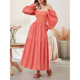 Women'S Floral Embroidered Maxi Dress with Puff Sleeves, Square Neck, Draped Tiered A-Line Skirt, 100% Polyester, Casual Summer Knit Fabric - Flowy Long Dress