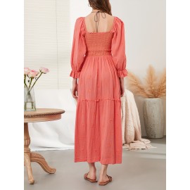 Women'S Floral Embroidered Maxi Dress with Puff Sleeves, Square Neck, Draped Tiered A-Line Skirt, 100% Polyester, Casual Summer Knit Fabric - Flowy Long Dress