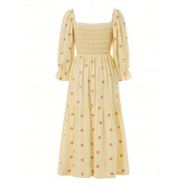 Women'S Floral Embroidered Maxi Dress with Puff Sleeves, Square Neck, Draped Tiered A-Line Skirt, 100% Polyester, Casual Summer Knit Fabric - Flowy Long Dress