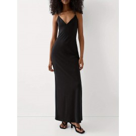 1pc Elegant Solid Color Slingback Evening Gown for Women - Off the Shoulder V-Neck Sleeveless Fitted Spaghetti Strap Long Dress - Woven Fabric for Spring/Summer/Fall