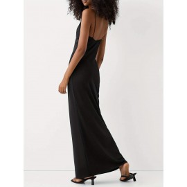 1pc Elegant Solid Color Slingback Evening Gown for Women - Off the Shoulder V-Neck Sleeveless Fitted Spaghetti Strap Long Dress - Woven Fabric for Spring/Summer/Fall